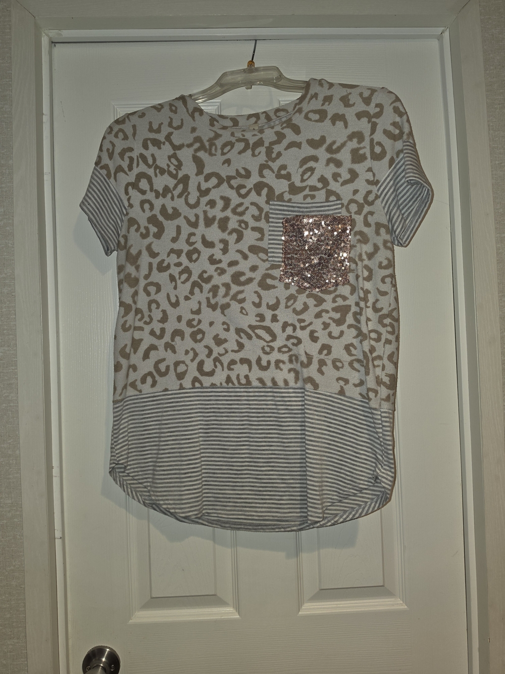 Vanilla Bay Taupe Leopard Print Short Sleeve Top with Sequin Pocket